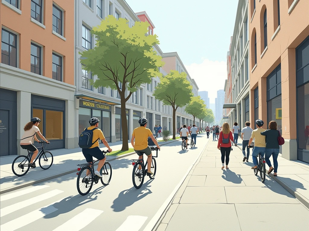 Stylised urban path with cyclists and city rhythm